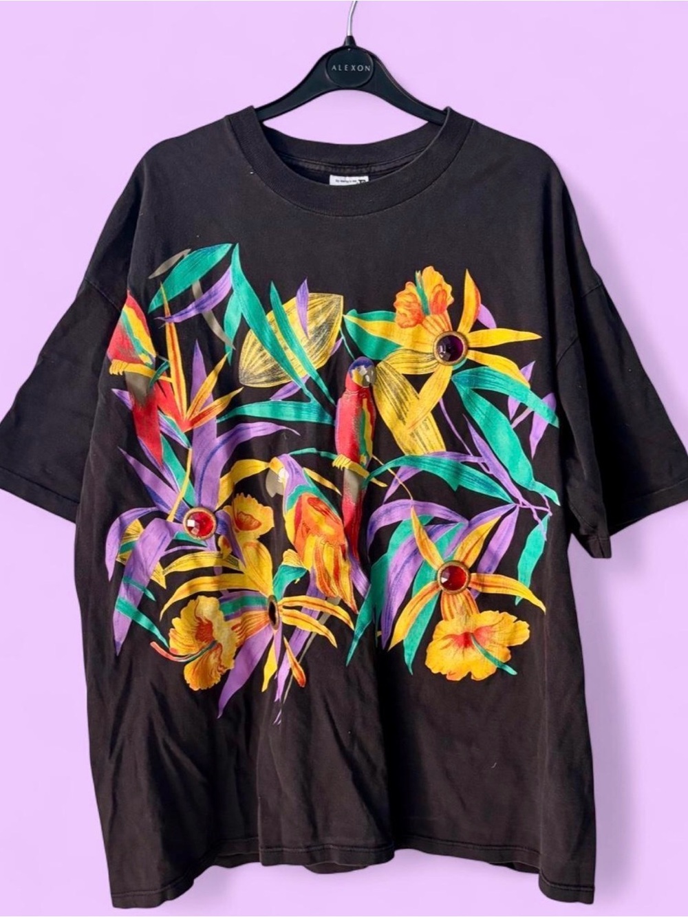 Vintage 1991 by Marcy'n Me Black Floral Parrot Graphic T-Shirt 100% Cotton USA